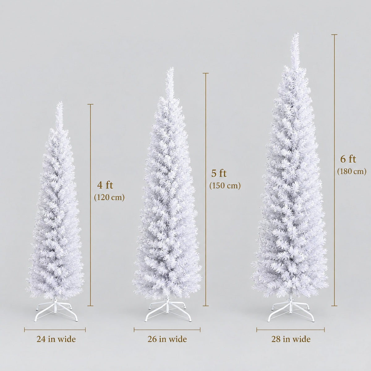 Weißer Weihnachtsbaum schmal 120 bis 180 cm, Pencil Tannenbaum mit optionaler Beleuchtung
