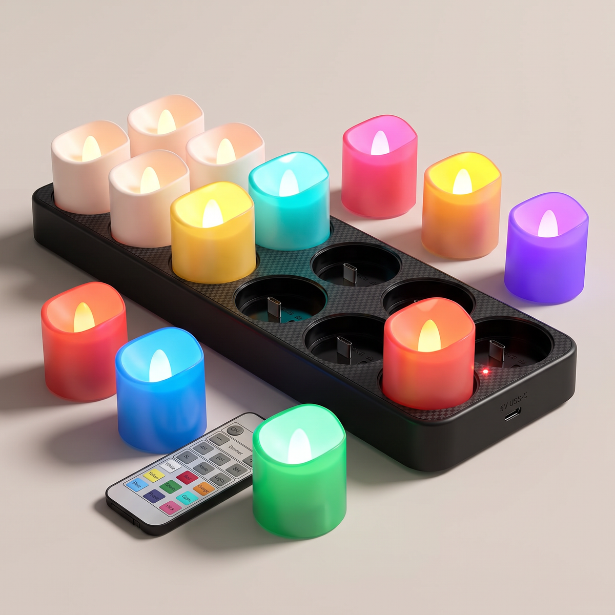 Wiederaufladbare LED Teelichter 12er Set mit Farbwechsel, Ladestation, Fernbedienung und Timer