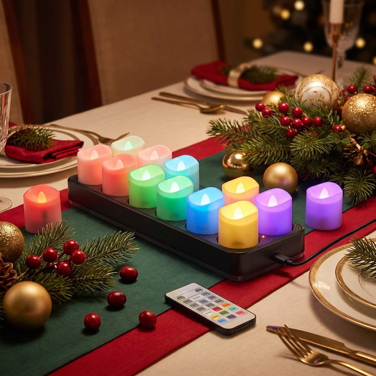 Wiederaufladbare LED Teelichter 12er Set mit Farbwechsel, Ladestation, Fernbedienung und Timer