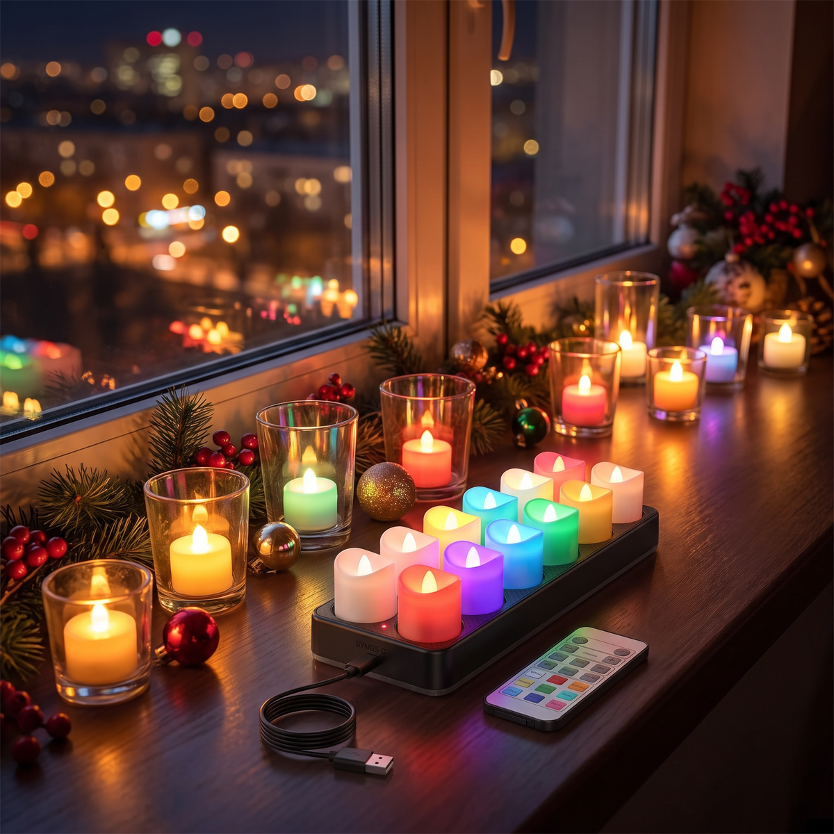 Wiederaufladbare LED Teelichter 12er Set mit Farbwechsel, Ladestation, Fernbedienung und Timer